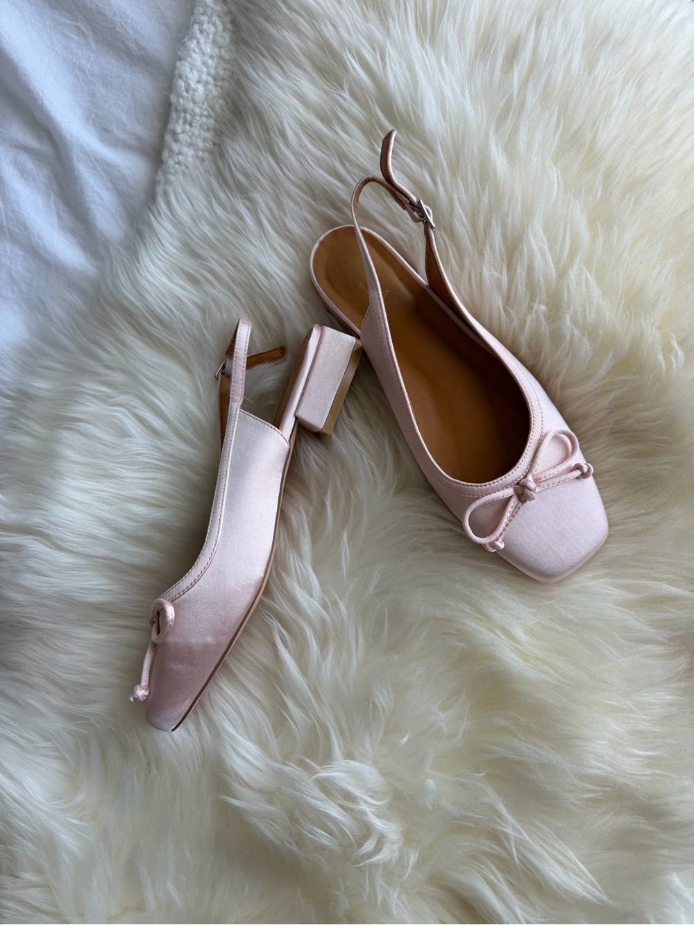 Satin Slingback Bow Block Heel Pumps in Blush Pink